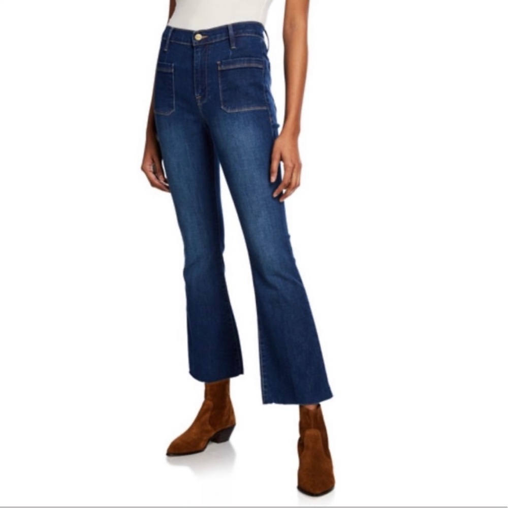 FRAME 27 High Rise Le Bardot Straight Blue Jeans Raw Edge Blue Denim
